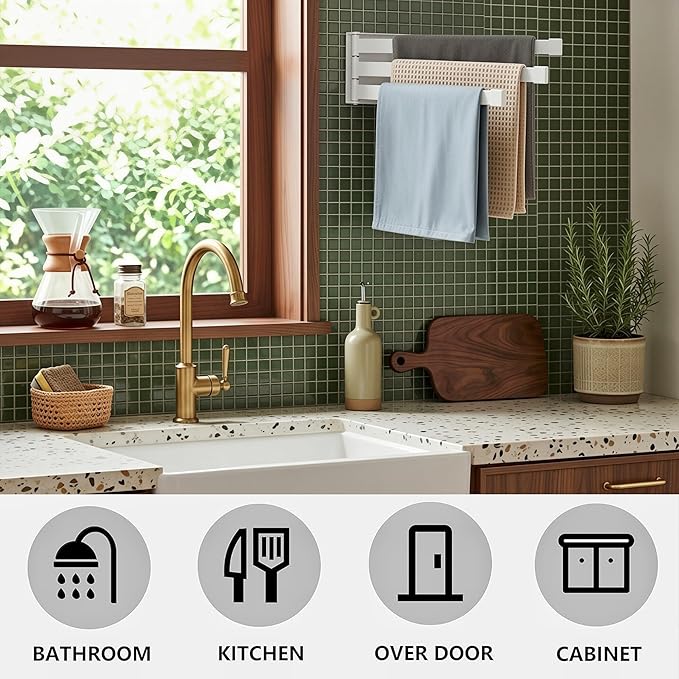 Swing Towel Holder Rack White, Wall Mounted Towel Bar Swivel with 3-Arm for Bathroom Kitchen Storage