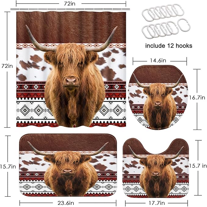 Western Highland Cow Shower Curtain Set with Toilet Lid Cover and Non-Slip Rugs, Cowhide Print Rustic 4 Pcs Shower Curtain with 12 Hooks, Farmhouse Bathroom Set with Rugs and Accessories