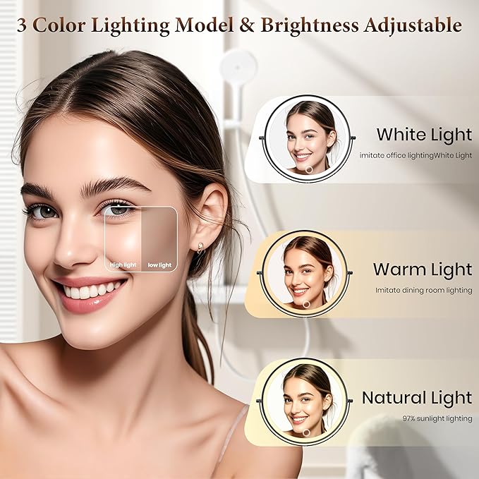 Magnifying Mirror with Lights 1X/20X, 9" Double Sided 5000mAh Rechargeable Wall Mounted Lighted Makeup Mirror, 3 Color LED Lights Dimmable, Wall Mount Mirror 17" arm for Bathroom, Black Brushed Nickel