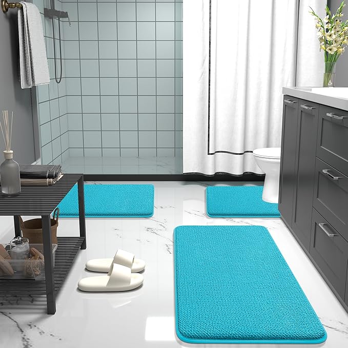 OLANLY Thick Memory Foam Bath Mat Rug 36x24, Extra Soft Absorbent Bathroom Rug, Quick Dry Bath Mats, Non-Slip, Machine Washable Carpet for Bathroom, Tub and Shower, Home Decor Accessories, Aqua Sky