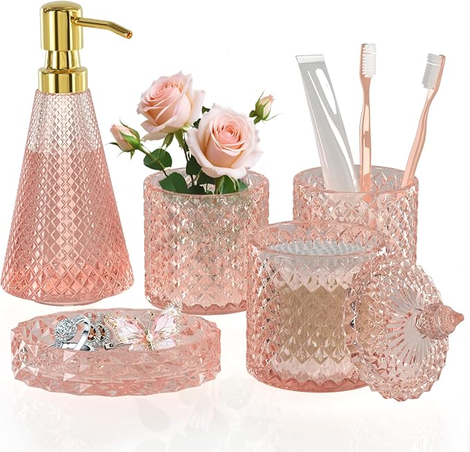Pink Glass Bathroom Accessories Set 5 Pcs, Pink Bathroom Set, Soap Dispenser and Toothbrush Holder Set, Qtip Holder Set, Vintage Bathroom Sink Set, Cute Bathroom Decor