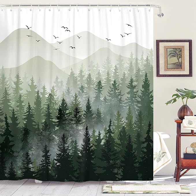 Accnicc 84 Inch Extra Long Green Misty Forest Shower Curtain Ombre Sage Green Mountain Pine Tree Waterproof Fabric Shower Curtains for Bathroom Nature Woodland Decorative Modern Bath Curtain Decor