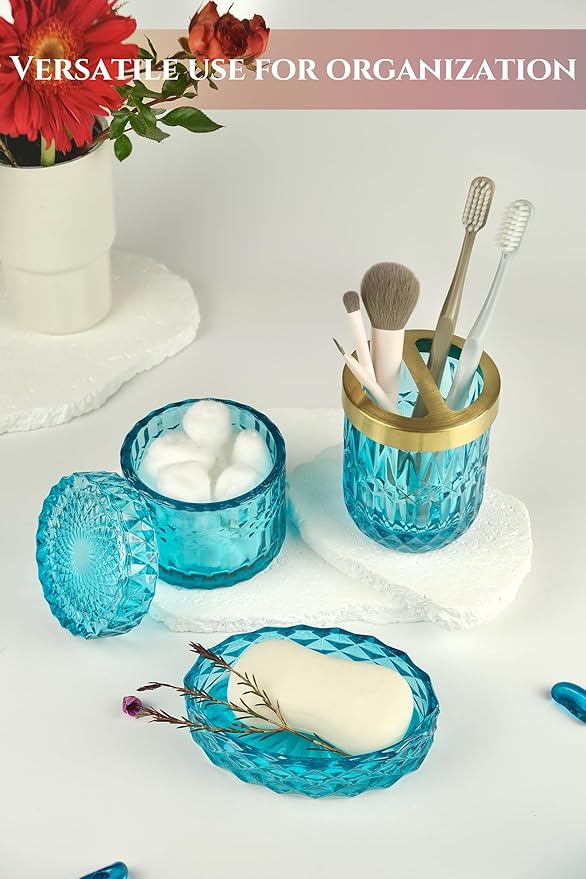 LaMarriti Teal Blue Bathroom Accessories Set, 5Pcs Clear Glass Bathroom Accessories, Hand Soap Dispenser Set, Soap Dish, Toothbrush Holder, Tumbler, Qtip Holder for Crystal Vantage Bathroom Decor