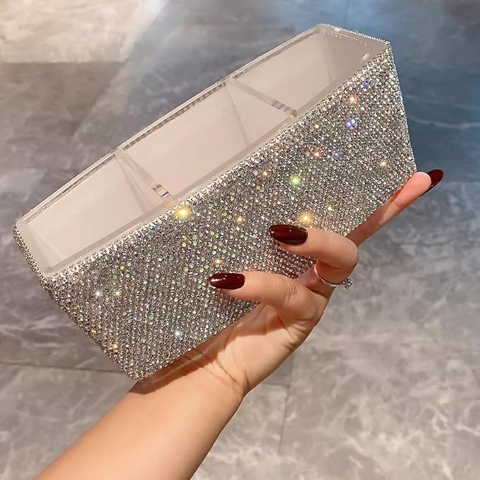 Luxury Bling Triple-Compartment Acrylic Makeup Brush Pen Holder – Creative and Stylish Desk Organizer Storage Box for Eyebrow Pencils, Lipsticks (Silver)
