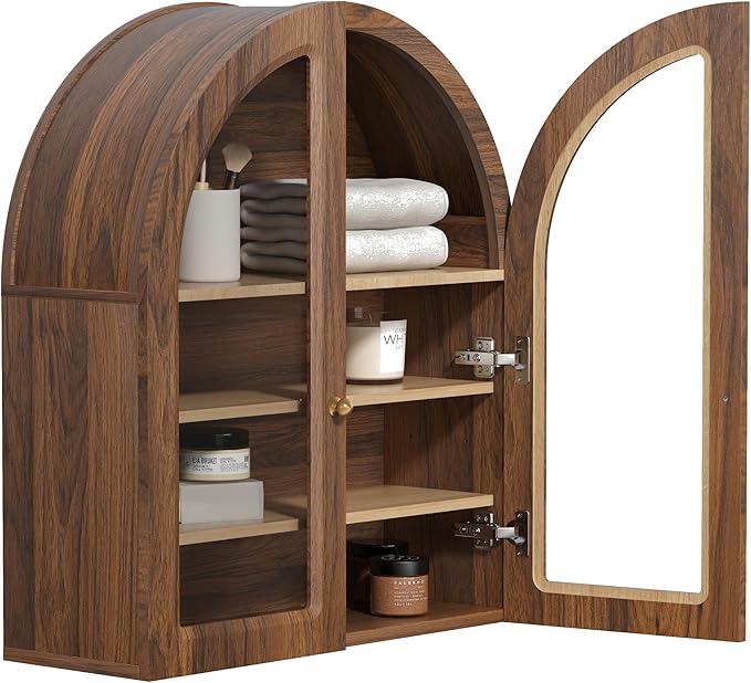 EYYTHUNG Brown Arched Wall Cabinet, Large Wood Bathroom Medicine Cabinet Wall Mounted Cupboard, Modern Floating Storage Cabinet with Acrylic Door Adjustable Shelf, Wood Organizer (Brown-Oak)