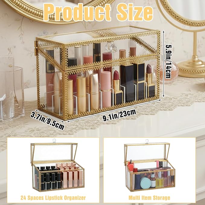 Lipstick Organizer Holder 24 Spaces, Tempered Glass Lip Gloss and Perfume Organizer, Vanity Lipstick Holder with Removable Dividers, Gold