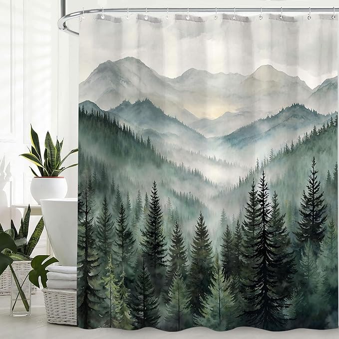 Accnicc Forest Mountain Shower Curtain Dark Green Nature Misty Pine Tree Shower Curtains for Bathroom Foggy Rustic Woodland Decorative Waterproof Fabric Bath Curtain Decor 72×78 Inches