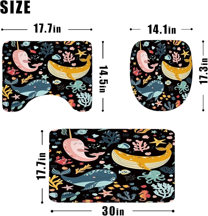 LGhtyro 4PCS Kids Whale Black 71Wx71H Inches Ocean Cartoon Fish Underwater Sealife Shower Curtain Sets with Rugs,Toilet Lid Cover and Bath Mat,Cute Bath Accessories Art Home Decor Fabric 12 Pack Hooks