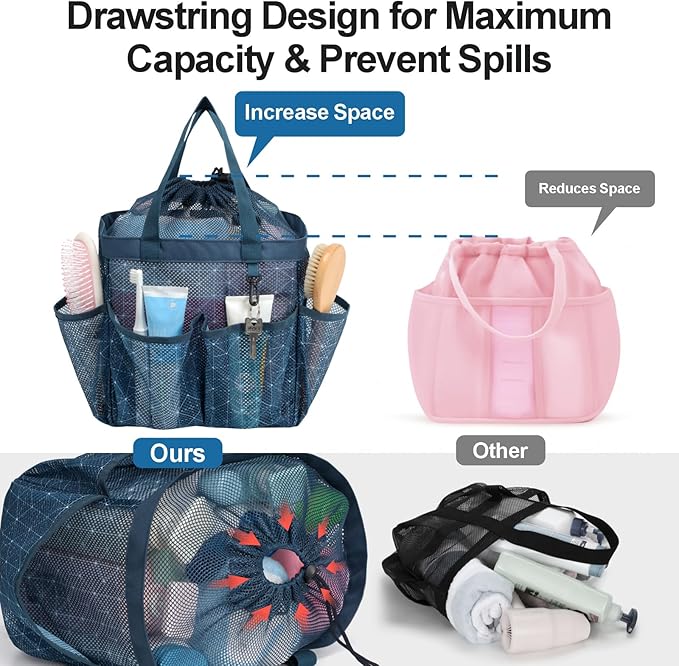 F-color Mesh Shower Caddy Portable with Drawstring - Upgrade Deeper 7 Pockets Dorm Room Essentials for Guys Girls with S Hook, Shower Bag Basket Tote for College Camping Gym Bathroom, Starlight Navy