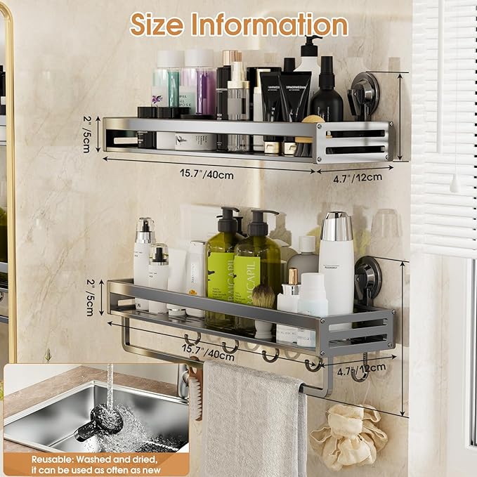 Shower Caddy Suction Cup, 15.7 inch 2 Pack Suction Shower Shelf with Hooks NO-Drilling Bathroom Holder, Rustproof Bathroom Organizer, Includes 2 Extra Suction Cups, Dark Grey