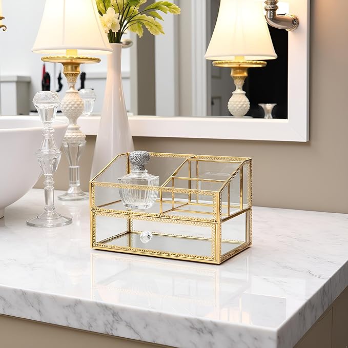 Vintage Gold Makeup Organizer - Glass Makeup Organizer Countertop Organizer for Make-Up Brushes Vanity, Tabletop Organizer Display Case for Bathroom, Vanity, Drawers GJB002