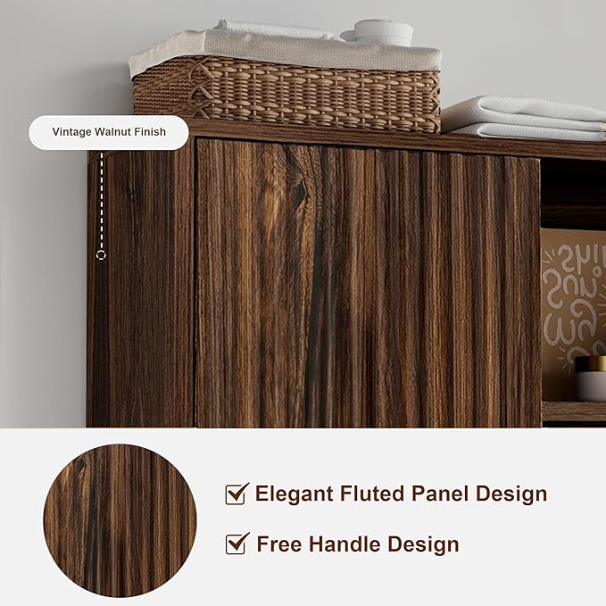 Farmhouse Bathroom Wall Cabinet Fluted,Medicine Cabinet Over The Toilet Storage Cabinet with Adjustable Shelf, Wood Wall Mounted Storage Cabinet Organizer 23.2Wx24Hx7.6D (Dark Walnut, Medium)