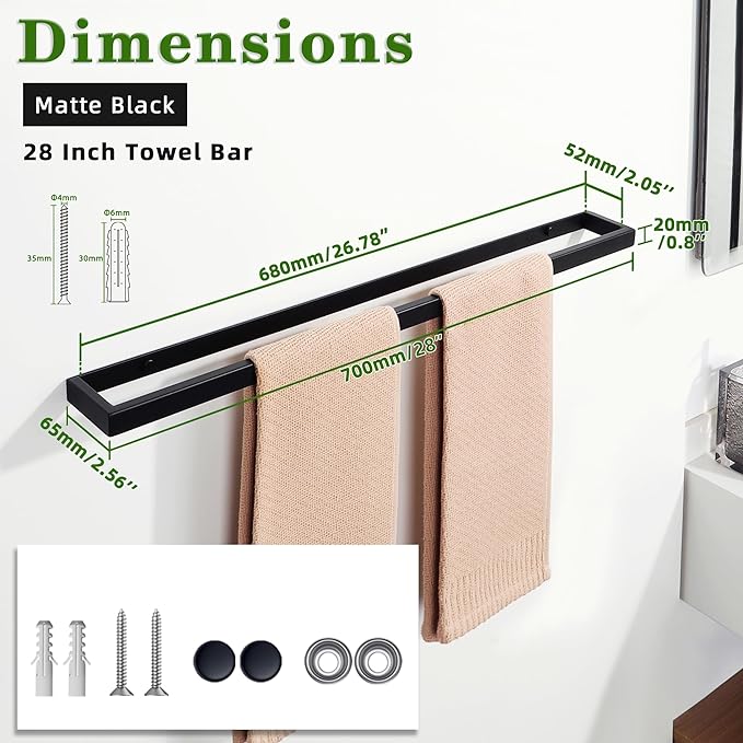 Alise 20 Inch Towel Bar,Towel Holder for Bathroom, Towel Racks for Lavatory,SUS304 Stainless Steel Hand Towel Hanger,Wall Mount Towel Rail,Matte Black