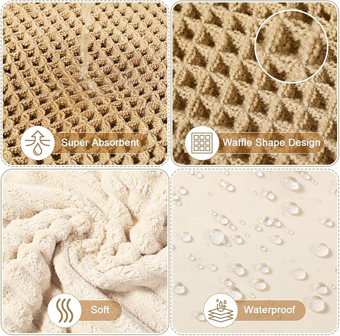 HunnmingRe 3 Pcs Boho Farmhouse Bathroom Shower Curtain Set with Waffle Bath Mat and Towel Cream Waterproof neutral shower curtain Non Slip with 12 Hooks for Bathroom and Hotel Tub Decor 70.87 x 70.87
