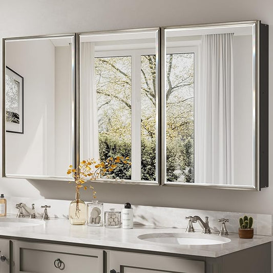 Pre-Assembled Surface or Recessed Medicine Cabinet Mirror-60x30 Brushed Nickel Bathroom Medicine Cabinet with Mirror & Rustproof Aluminum Frame, Beveled Bathroom Vanity Mirror with Storage