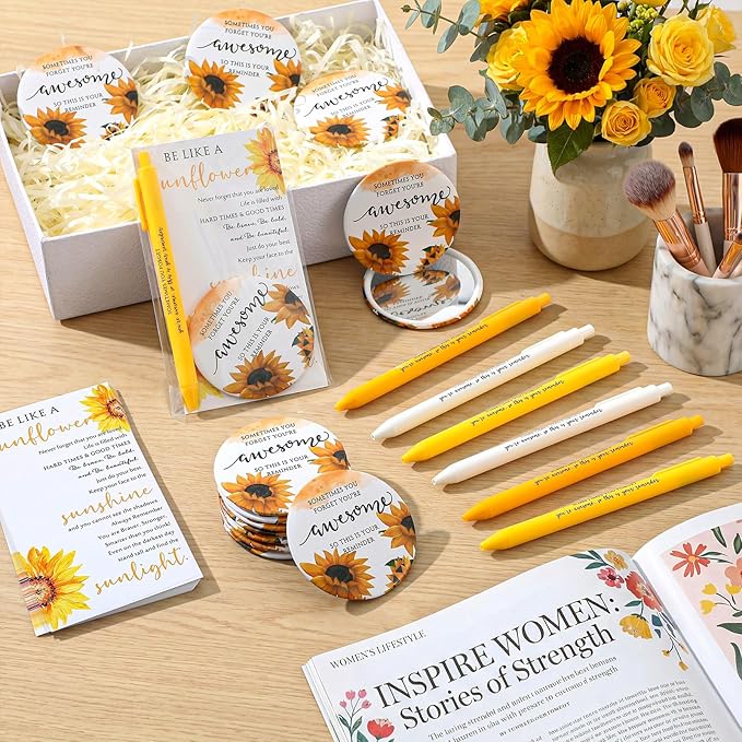 Cinnvoice 18 Set Inspirational Gifts for Women Sunflower Mini Compact Mirror and Pen with Motivational Cards Sometimes You Forget Your Awesome Gifts for Mother Coworkers or Any Woman (Inspirational)