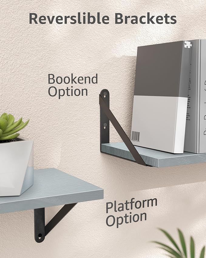 COCOYA Wall Shelves 7.3" Deep Set of 4, Solid Paulownia Wood Wider Longer Sturdy Easy to Install Wall Mounted Bookshelves Storage Shelves Bathroom Home Office Laundry Room Bedroom Organizer Gray