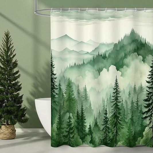 Green Misty Pine Forest Shower Curtain, Mountain Foggy Woodland Scenery Tree Shower Curtains for Chic Rustic Bathroom, Abstract Modern Waterproof Nature-Themed Decor, 72x72 Inches