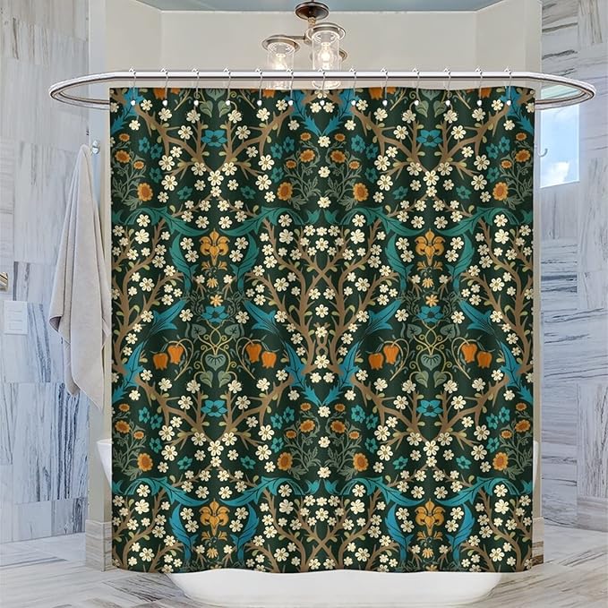 Mid Century Vintage Daisy Waterproof Fabric Shower Curtain,Green Garden Flower William Morris Abstract Art Soft Hotel Quality Cloth Shower Light-Weight & Machine Washable - 72L x72W