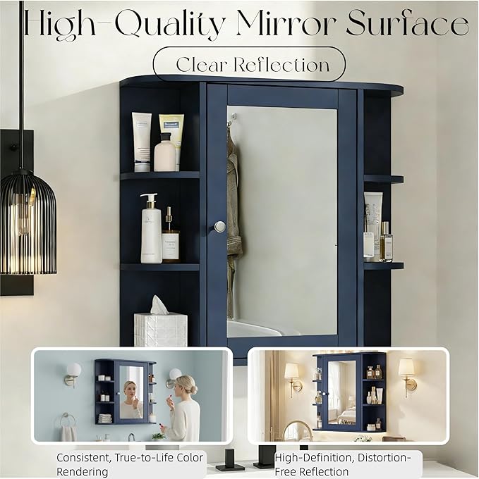 Merax Bathroom Wall Storage Cabinet with Mirror, 26 Inch Medicine Cabinet with Mirror Doors & Adjustable Wood Shelf, Space-Saving Modern Mounted Storage Cabinets with 6 Open Shelves, Blue