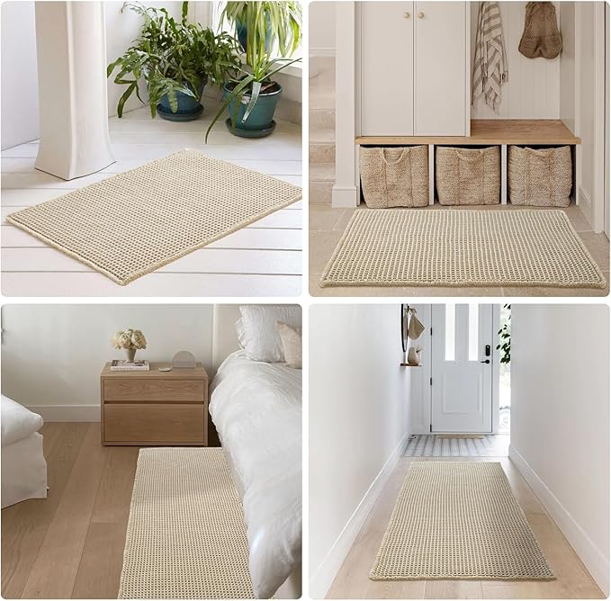 Pale Beige Bathroom Rug, Waffle Bath Mat Non Slip Washable Super Absorbent Quick Dry Boho Farmhouse Bathroom Decor, 36''x24'' Pale Beige
