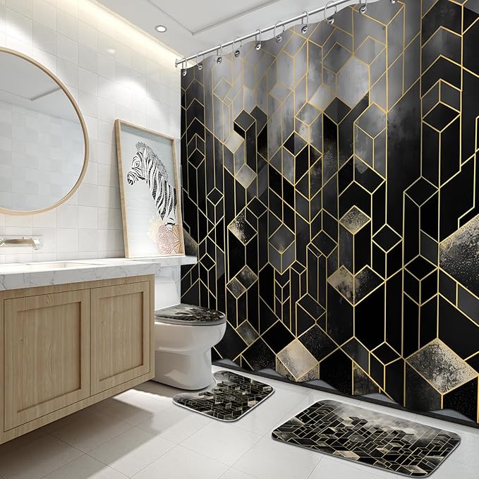 Lnond 4Pcs Bathroom Sets with Shower Curtain and Rugs, Black Bathroom Shower Curtain Sets, Black Gradient Modern Bathroom Decor Sets with Rugs and Accessories