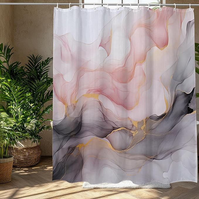 Marble Shower Curtain Abstract Pink White Gold Black Ink Ombre,Morden Fabric Shower Curtains for Bathroom Decor 72x72 Inch