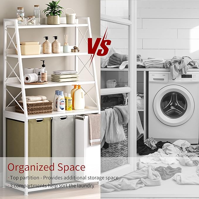 Herture Laundry Basket, 3 Section Laundry Hamper with 4 Tiers Shelf, Pull-Out and Removable Laundry Bags, Large 3 x 15.87 Gallons, 3 Color Bags for Laundry Room Bathroom White PF05XLE