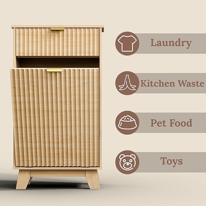 Double Tilt Out Laundry Hamper Cabinet, 20 Gallon Wooden Trash Can Cabinet with Storage Drawers, Hidden Fluted Garbage Can Holder for Kitchen, Living Room (Natural Wood, 20.47"W x 35.83"H x 13"D)