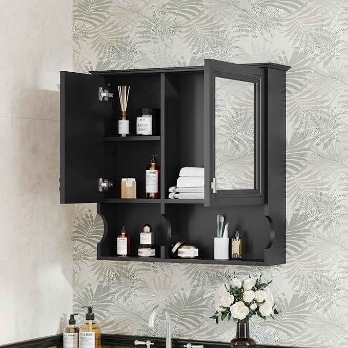 Bathroom Wall Cabinet with Mirror, Medicine Cabinet with 2 Doors and Adjustable Shelf, Space Saver Storage Cabinets Over The Toilet for Bathroom (30'' x 28'')