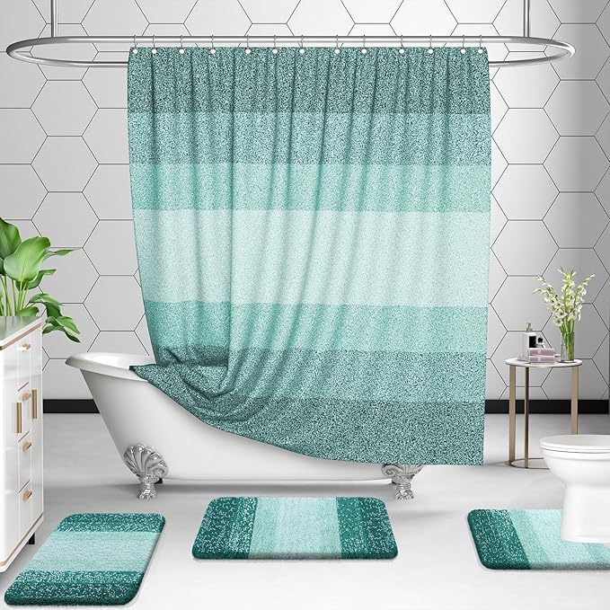OLANLY Bathroom Rugs Sets 3 Piece, Soft Absorbent Microfiber Bath Mats and U-Shaped Contour Toilet Rug, Plush Shaggy Bath Mat Set for Bathroom (47"x20"+24"x16"+24"x20", Blackish Green)