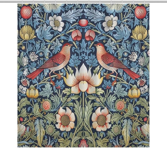 William Morris Shower Curtain,Original Design Vintage Flower Birds Elegant Animal Pattern Print Shower Curtains Sets Polyester Waterproof Fabric Decor Bathroom Curtain 66"×72" Inch With 12 Hooks