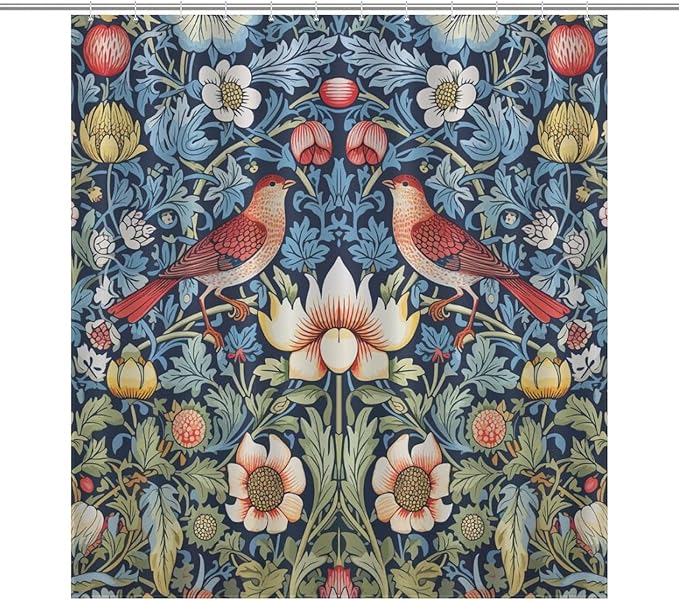 William Morris Shower Curtain,Original Design Vintage Flower Birds Elegant Animal Pattern Print Shower Curtains Sets Polyester Waterproof Fabric Decor Bathroom Curtain 72"×78" Inch With 12 Hooks