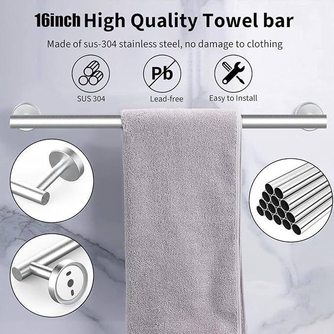 Newfun 16 Inch Brushed Nickel Bathroom Towel Bar, 2Pcs Towel Racks for Bathroom Rod Classic SUS304 Stainless Steel Bathroom Towel Holder Wall Mounted