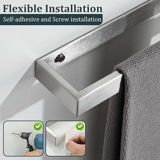 Sayayo Brushed Nickel Towel Bar for Bathroom, 12 Inch Hand Towel Holder Wall Mount, Screw or Self Adhesive Towel Ring Square SUS304 Stainless Steel, 3.2 Inch Wide