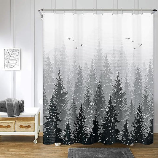 Hokibero Black and White Forest Bathroom Shower Curtain Set Mountain Nature Tree Plant Black and Gray Waffle Fabric Bath Curtains Hotels, 72x72 inch
