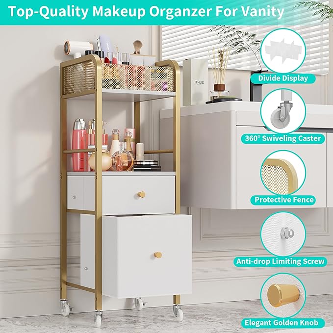 HapiRm Rolling Makeup Cart Organizer - Floor Skincare Make Up Storage with 2 Non-woven Fabric Drawers, Vanity Organizer Cosmetic Display Cases Holder for Skin Care Perfume Nail Polish Brush Hair Tool
