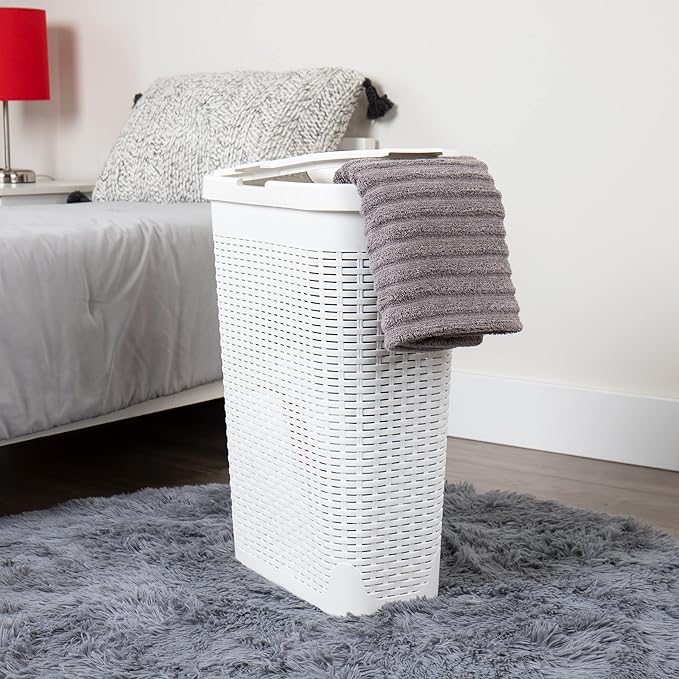 Mind Reader Slim Laundry Hamper with Lid, 40L Clothes Basket, Narrow Tapered Design with Ventilated Cutout Pattern, Plastic, White