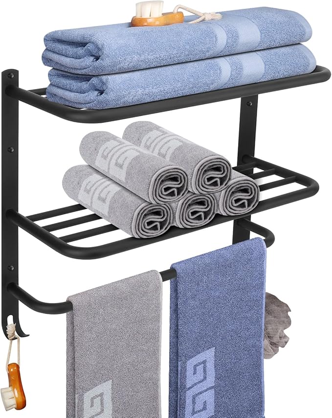 NearMoon Bathroom Towel Rack, 3-Tier Towel Holder with Hooks, SUS304 Stainless Steel Towel Hanger, Wall Mounted Towel Shelf Storage, Bathroom Accessories (22 Inch, Matte Black)