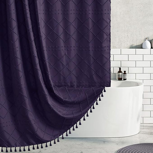 Boho Shower Curtain 84inch Dark Purple Woven Fabric Long Shower Curtain, Tufted Chevron Textured Striped 72" x 84" Modern Farmhouse Minimalist Cloth Shower Curtains for Bathroom