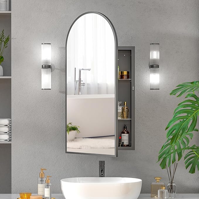 16x31 Black Arched Medicine Cabinet,Recessed Medicine Cabinet with Mirror, Arched Mirror Cabinet with Storage Wall Mounted for Bathroom,Full Assembled