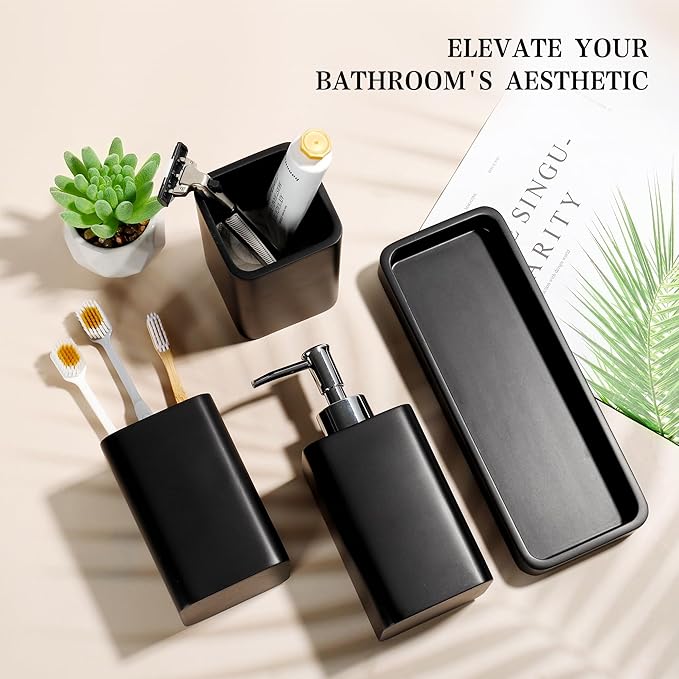 YMXYJM Bathroom Accessories Set, 4 Pcs Bathroom Accessory Set, Soap Dispenser, Toothbrush Holder, Qtip Holder Set, Bathroom Sets Complete, Bathroom Sink Set for Modern Home Decor, Black