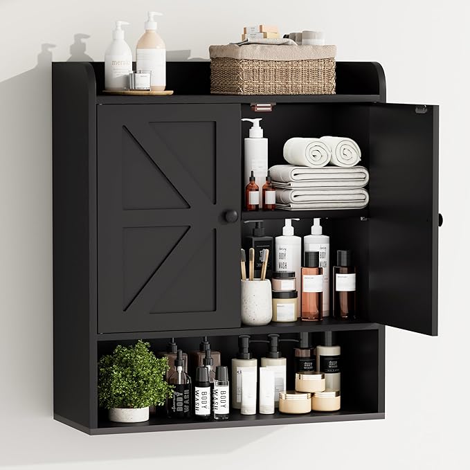 EasyCom 22" W x 26" H Bathroom Wall Cabinet, Farmhouse Medicine Cabinet with Adjustable Shelves and 2 Barn Doors, Over The Toilet Storage Cabinet for Bathroom, Kitchen, Living Room, Black
