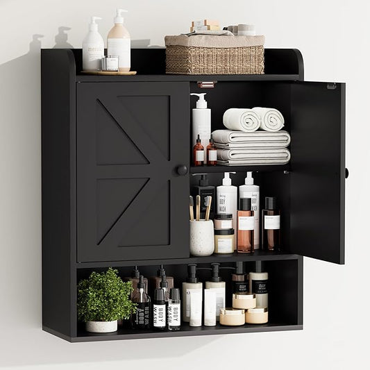EasyCom 22" W x 26" H Bathroom Wall Cabinet, Farmhouse Medicine Cabinet with Adjustable Shelves and 2 Barn Doors, Over The Toilet Storage Cabinet for Bathroom, Kitchen, Living Room, Black