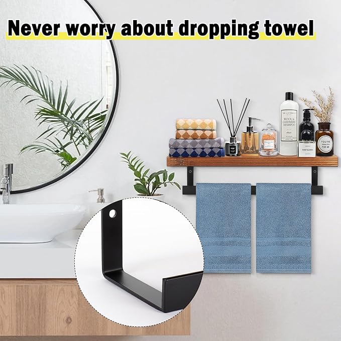 Hand Towel Holder/Towel Ring with Wooden Shelf, Hand Towel Rack, Hand Towel Hanger for Bathroom, Bath Accessories Wall Mounted, Matte Black (12"-Squ Shaped)