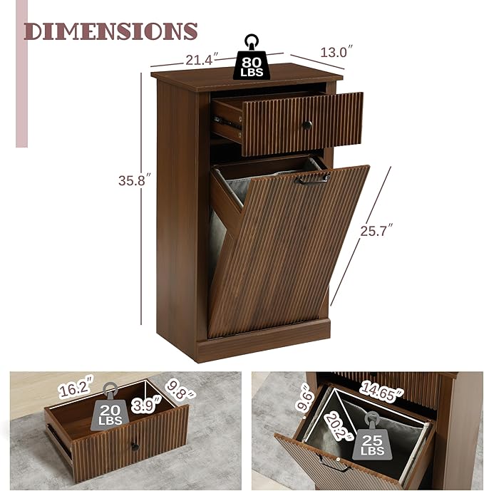 36" H Tilt Out Laundry Hamper Cabinet, Modern Fluted Trash Can Cabinets with Drawer, Wooden Hidden Garbage Cabinet for Kitchen and Bathroom (Brown, Single)