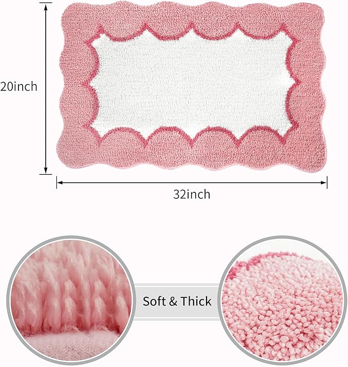 Scalloped Pink Bathroom Rugs Mat,Non Slip Absorbent Quick Dry Bath Mats for Shower Room,Plush Microfiber Bath Mats for Bathroom Floor Washable Carpet for Shower Tub Sink Bedroom,20"x32"