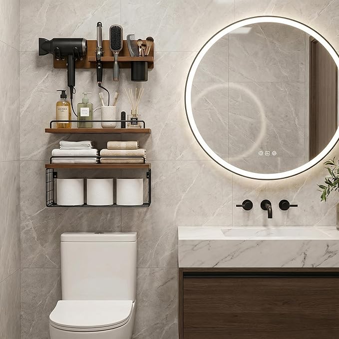 Wall Mounted Bathroom Organizer Shelves Over Toilet, 3-Tier Rustic Wooden Floating Shelf with Metal Basket and Hair Care Styling Tool Holder for Toilet Paper, Towels & Toiletries, Bathroom Decor