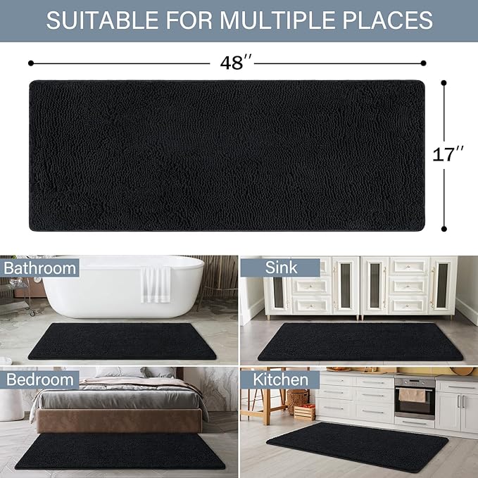 LOCHAS Luxury Bathroom Rug Shaggy Bath Mat 48 x 17 Inch, Washable Non Slip Bath Rugs for Bathroom Shower, Soft Plush Chenille Absorbent Carpets Mats, Black