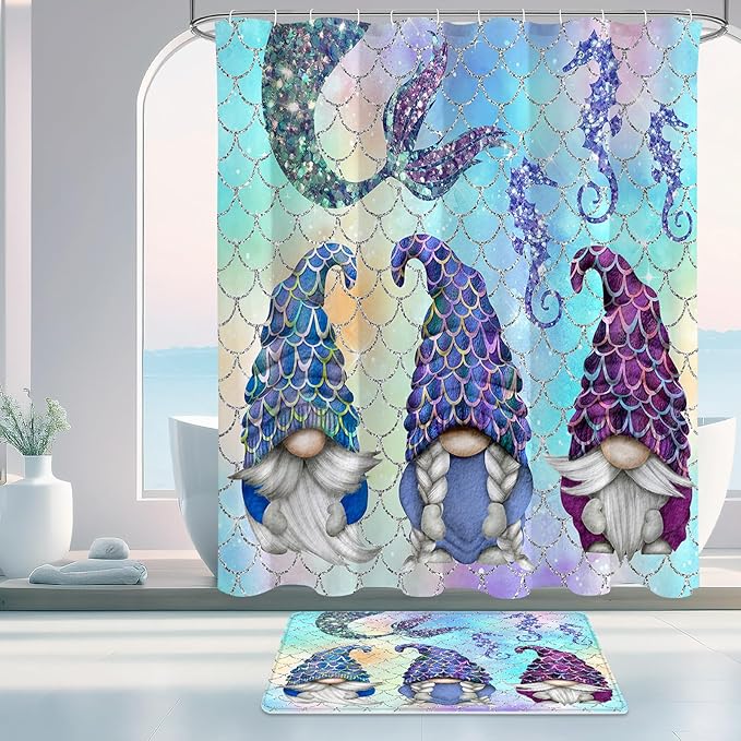 Litabel 4 Pcs Summer Mermaid Gnomes Shower Curtain Set with Non-Slip Rugs, Toilet Lid Cover and Bath Mat,Ocean Bathroom Decor Set with Shower Curtain and Rugs(Hooks Not Included)